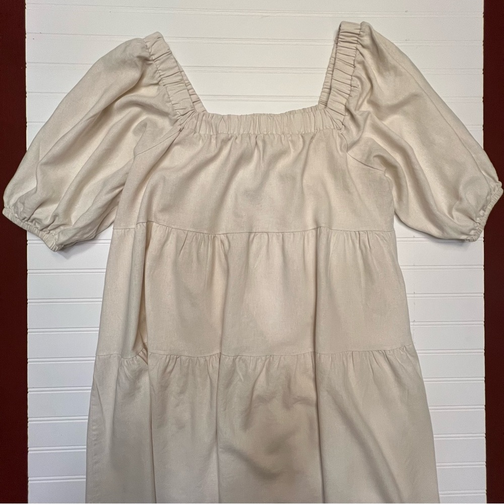 Saints & Hearts Cream Off-Shoulder Puff Sleeve Linen Blend Mini Dress Size L - Picture 5 of 11